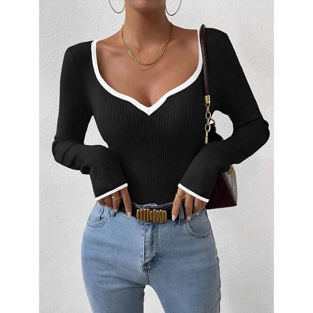 COMMENSE Black Contrast Trim Sweetheart Neck Long Sleeve Knit Top Size S